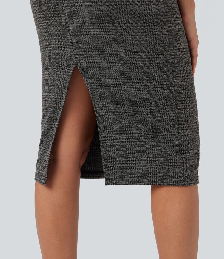 Robe de travail midi moulante sans manches col montant pied-de-poule à carreaux