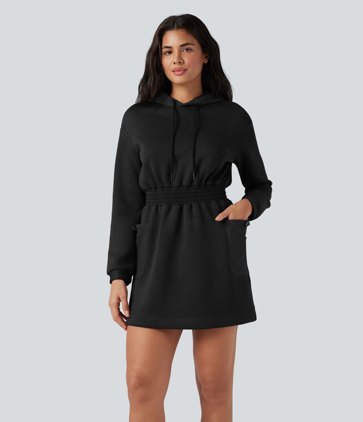 SpacerTek™ Hooded Drawstring Long Sleeve Mini Hiking Active Dress with Pockets