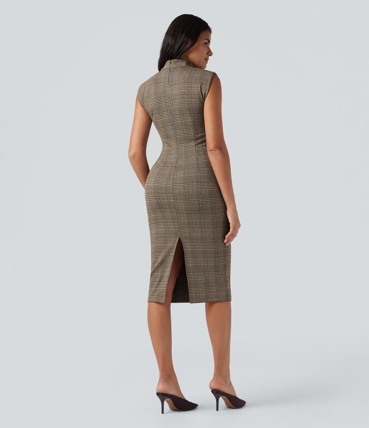 High Neck Sleeveless Bodycon Houndstooth Plaid Midi Work Dress