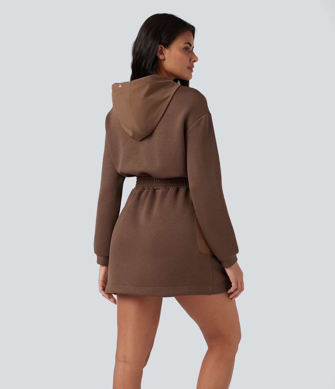 SpacerTek™ Velvet Hooded Drawstring Long Sleeve Mini Hiking Active Dress with Pockets