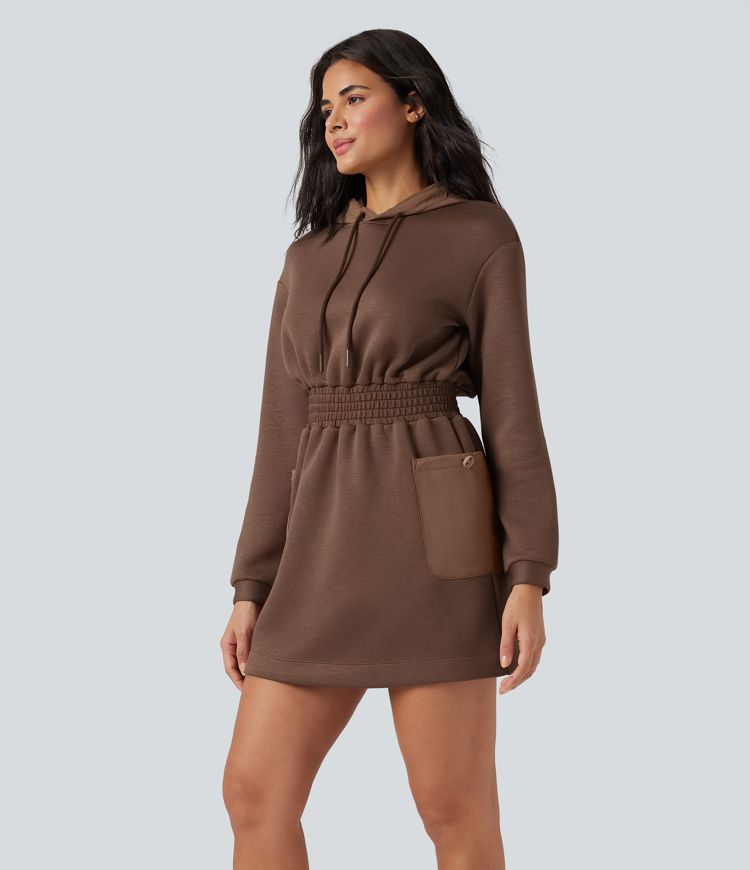 SpacerTek™ Velvet Hooded Drawstring Long Sleeve Mini Hiking Active Dress with Pockets