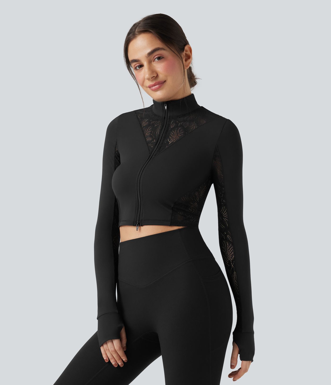 SoftlyZero™ Thumb Holes Contrast Lace Double Zipper Yoga Jacket-UPF50+