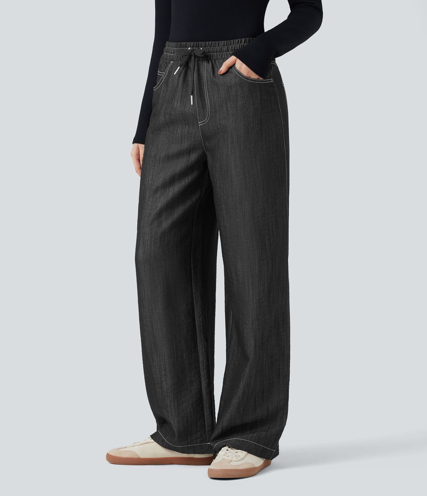 Wrinkle-Resistant High Waisted Drawstring Wide Leg Denim Like Casual Linen-Feel Pants with Pockets