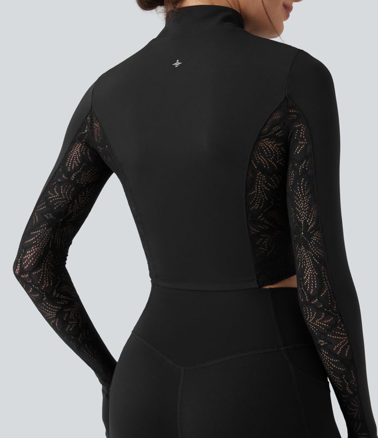 SoftlyZero™ Thumb Holes Contrast Lace Double Zipper Yoga Jacket-UPF50+