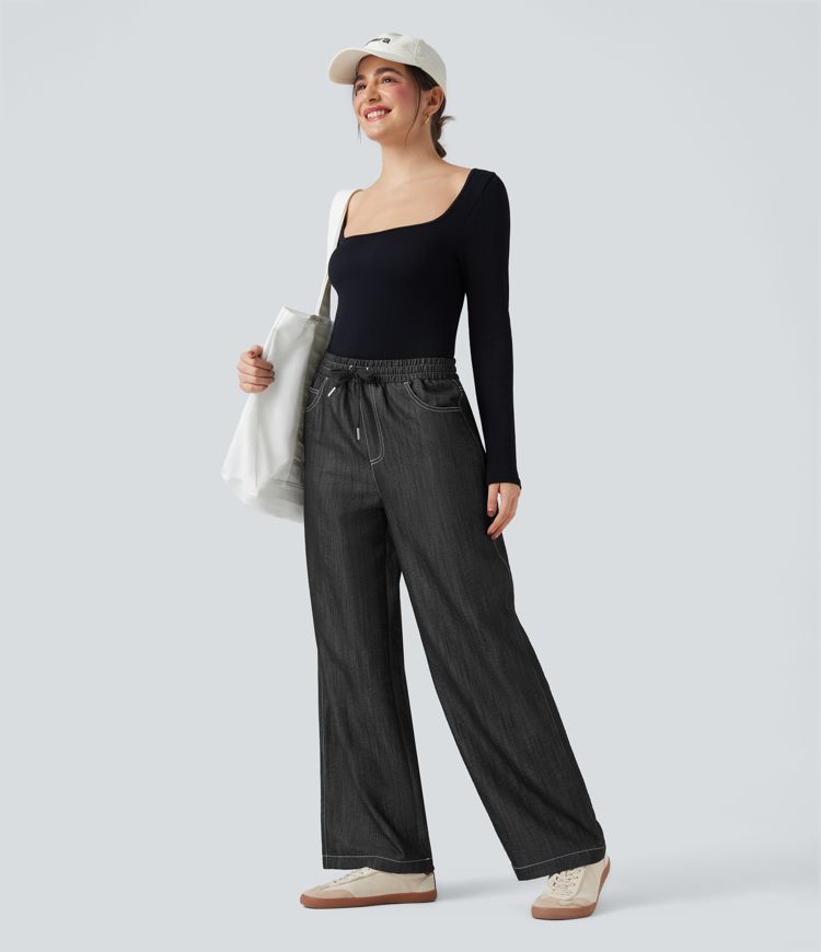 Wrinkle-Resistant High Waisted Drawstring Wide Leg Denim Like Casual Linen-Feel Pants with Pockets