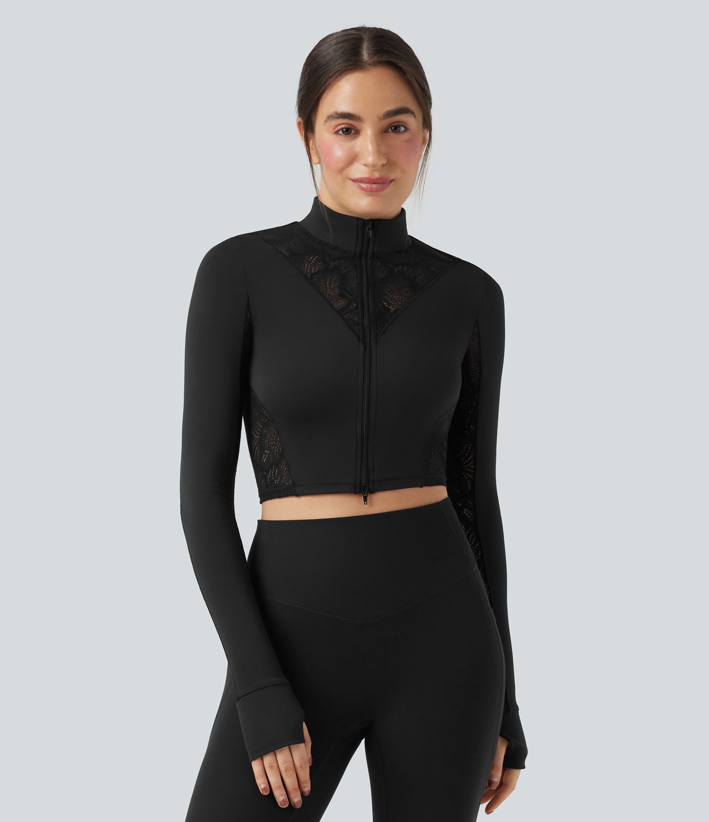 SoftlyZero™ Thumb Holes Contrast Lace Double Zipper Yoga Jacket-UPF50+