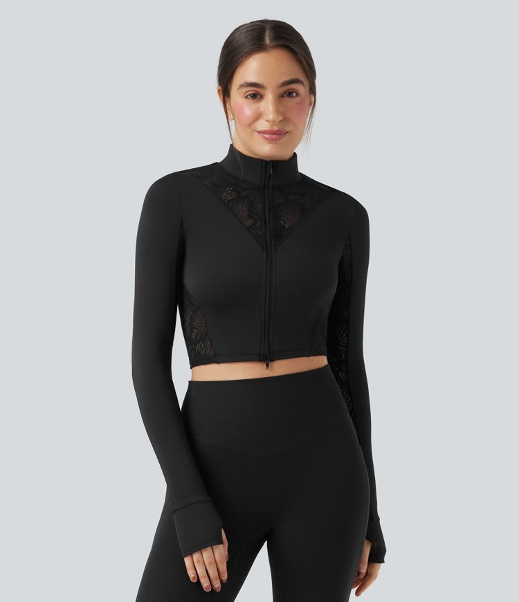 SoftlyZero™ Thumb Holes Contrast Lace Double Zipper Yoga Jacket-UPF50+