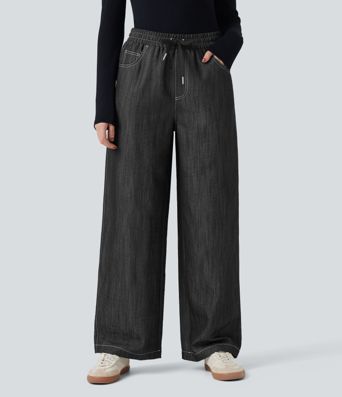 Wrinkle-Resistant High Waisted Drawstring Wide Leg Denim Like Casual Linen-Feel Pants with Pockets