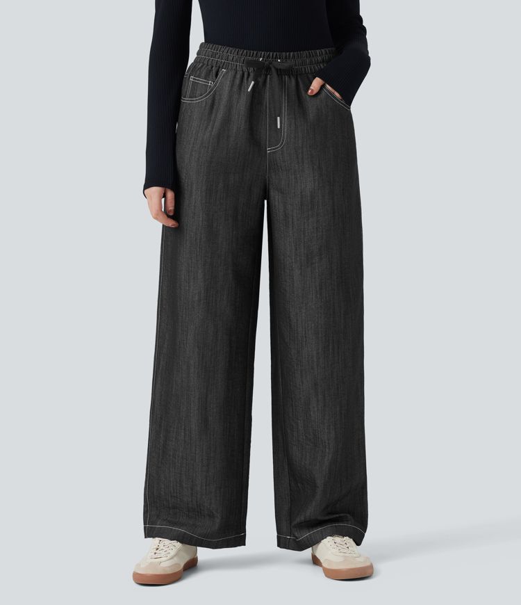 Wrinkle-Resistant High Waisted Drawstring Wide Leg Denim Like Casual Linen-Feel Pants with Pockets