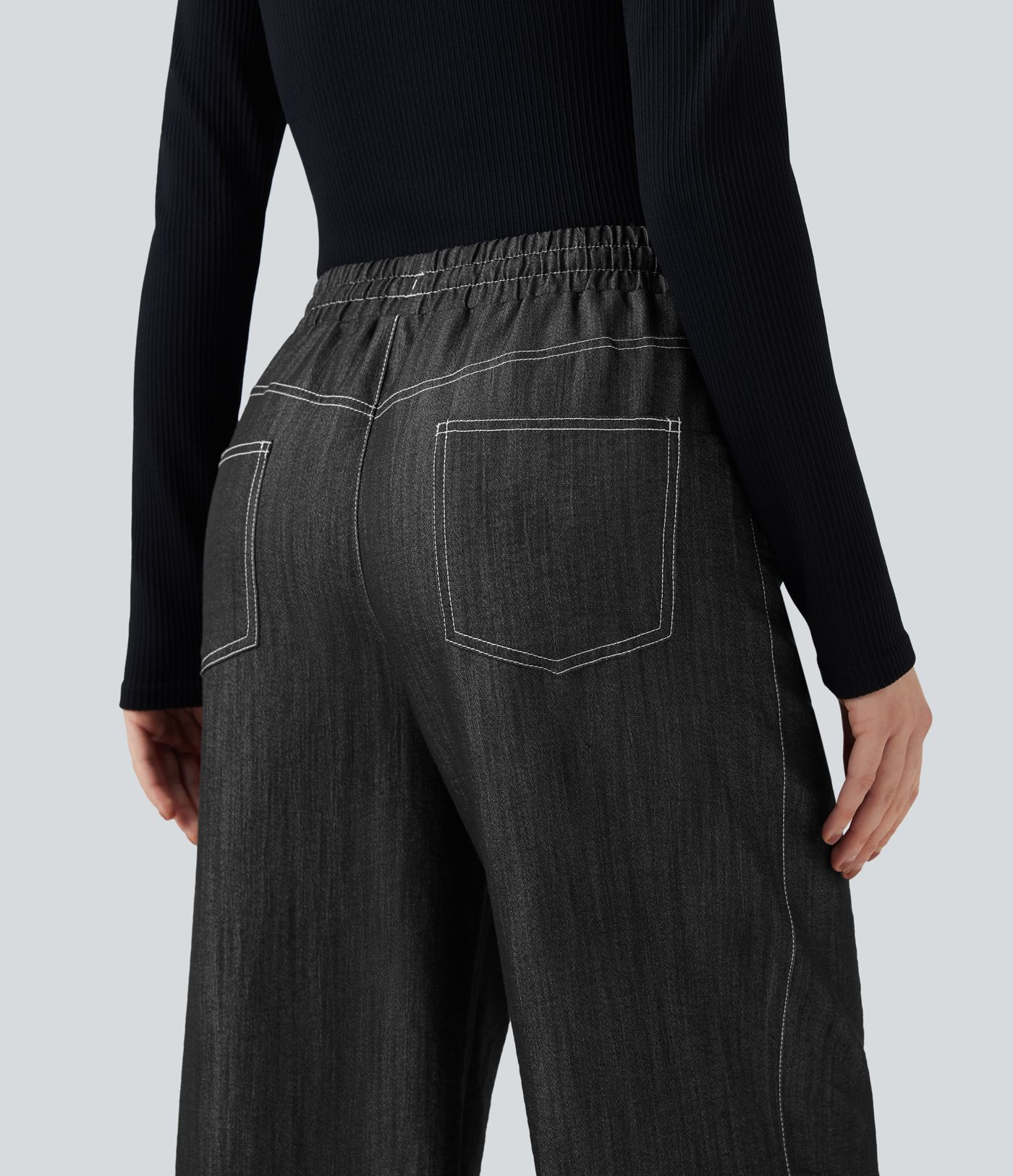 Wrinkle-Resistant High Waisted Drawstring Wide Leg Denim Like Casual Linen-Feel Pants with Pockets