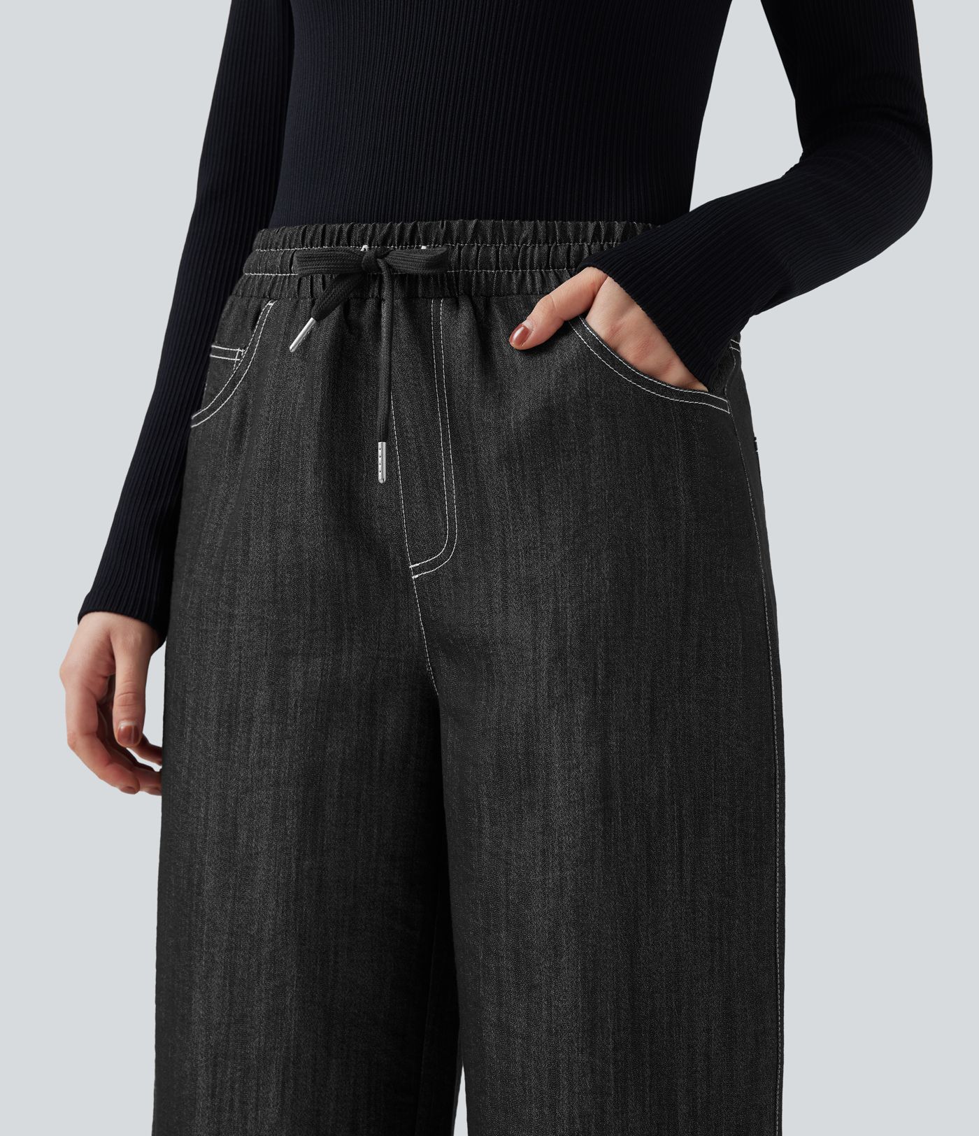 Wrinkle-Resistant High Waisted Drawstring Wide Leg Denim Like Casual Linen-Feel Pants with Pockets