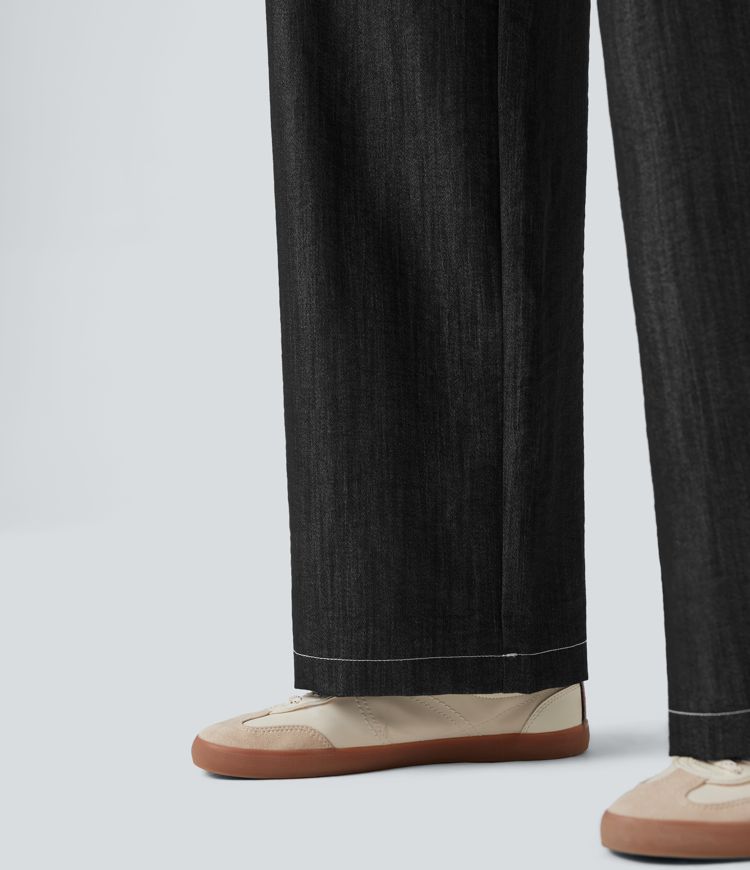 Wrinkle-Resistant High Waisted Drawstring Wide Leg Denim Like Casual Linen-Feel Pants with Pockets