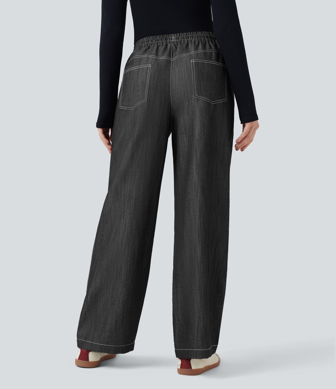 Wrinkle-Resistant High Waisted Drawstring Wide Leg Denim Like Casual Linen-Feel Pants with Pockets