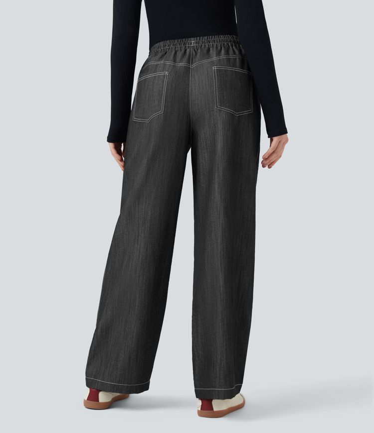 Wrinkle-Resistant High Waisted Drawstring Wide Leg Denim Like Casual Linen-Feel Pants with Pockets