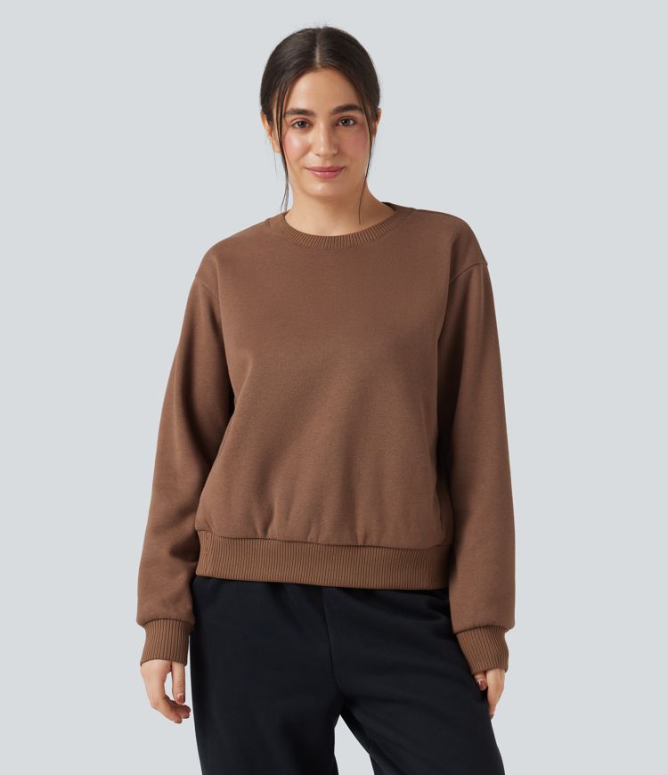 Sudadera casual de algodón de manga larga con polar y cuello redondo con bolsillos