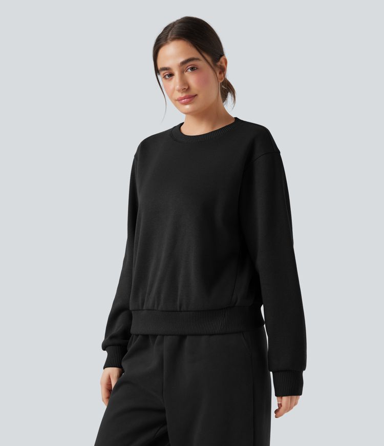 Sudadera casual de algodón con forro polar, cuello redondo, mangas largas y bolsillos