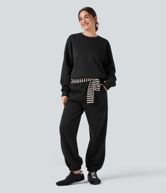 Sudadera casual de algodón con forro polar, cuello redondo, mangas largas y bolsillos