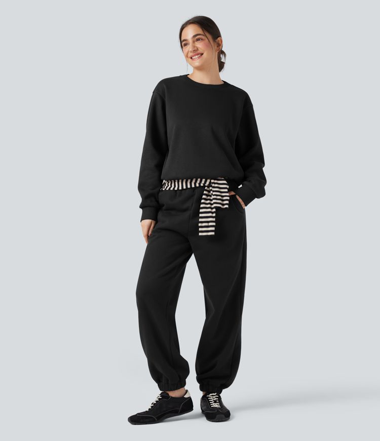 Sudadera casual de algodón con forro polar, cuello redondo, mangas largas y bolsillos