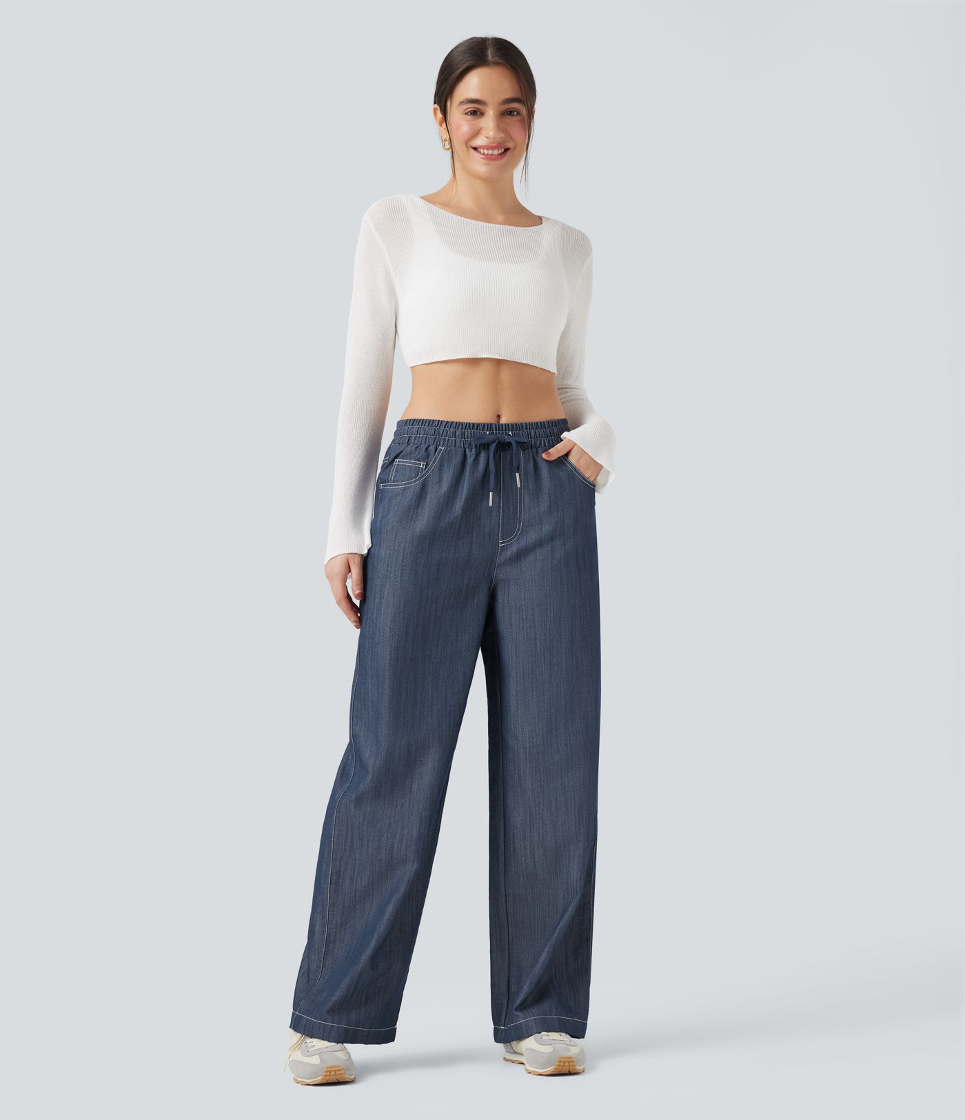 Wrinkle-Resistant High Waisted Drawstring Wide Leg Denim Like Casual Linen-Feel Trousers with Pockets
