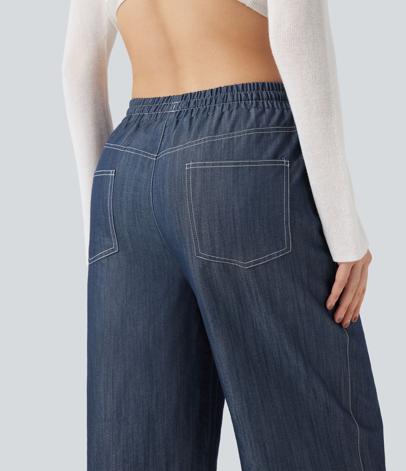 Wrinkle-Resistant High Waisted Drawstring Wide Leg Denim Like Casual Linen-Feel Trousers with Pockets