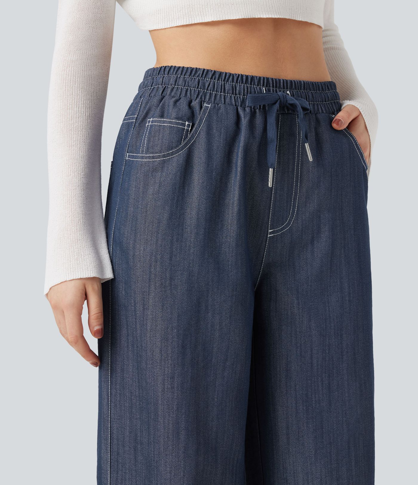 Wrinkle-Resistant High Waisted Drawstring Wide Leg Denim Like Casual Linen-Feel Trousers with Pockets