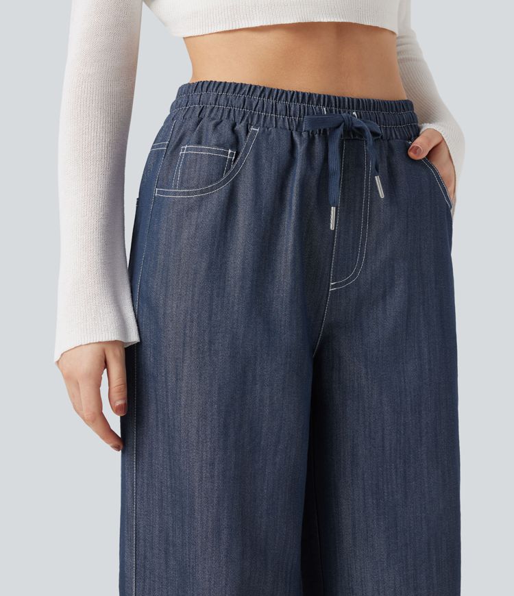 Wrinkle-Resistant High Waisted Drawstring Wide Leg Denim Like Casual Linen-Feel Trousers with Pockets