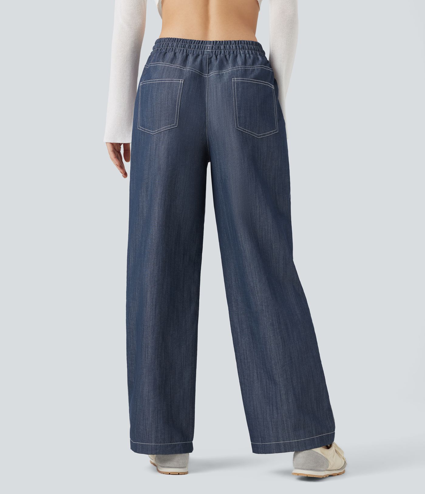 Wrinkle-Resistant High Waisted Drawstring Wide Leg Denim Like Casual Linen-Feel Trousers with Pockets