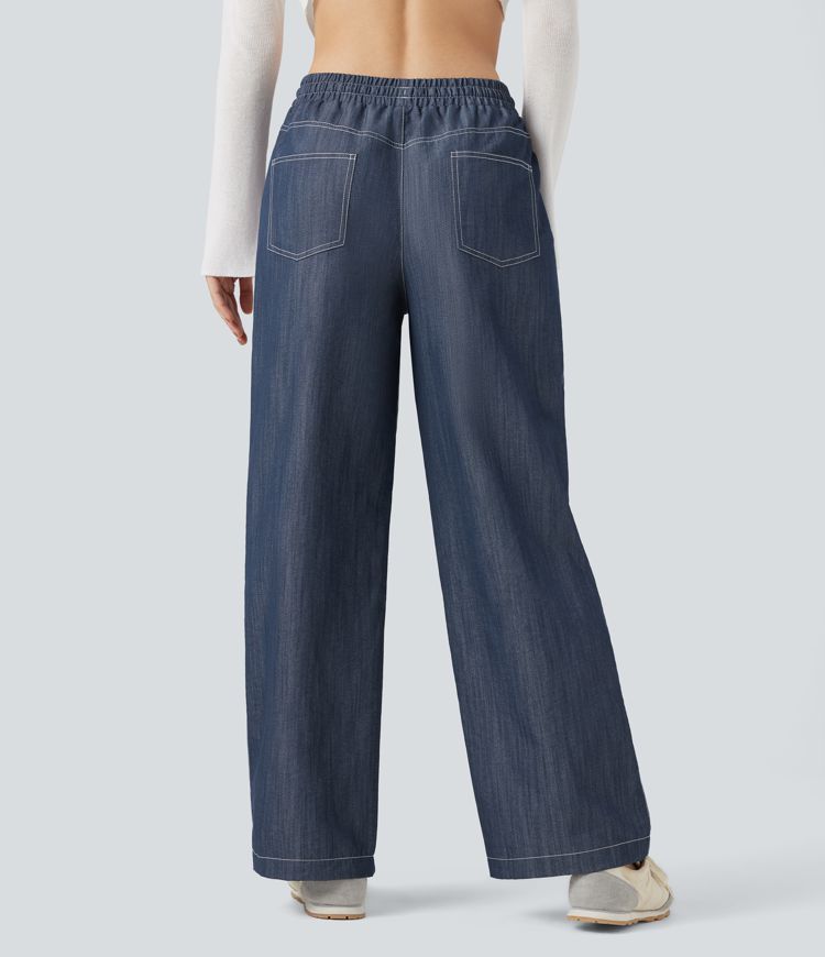 Wrinkle-Resistant High Waisted Drawstring Wide Leg Denim Like Casual Linen-Feel Trousers with Pockets