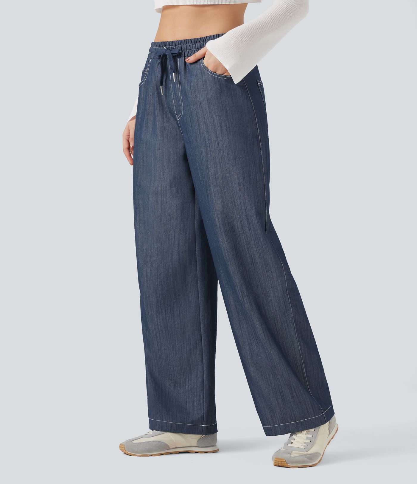 Wrinkle-Resistant High Waisted Drawstring Wide Leg Denim Like Casual Linen-Feel Trousers with Pockets