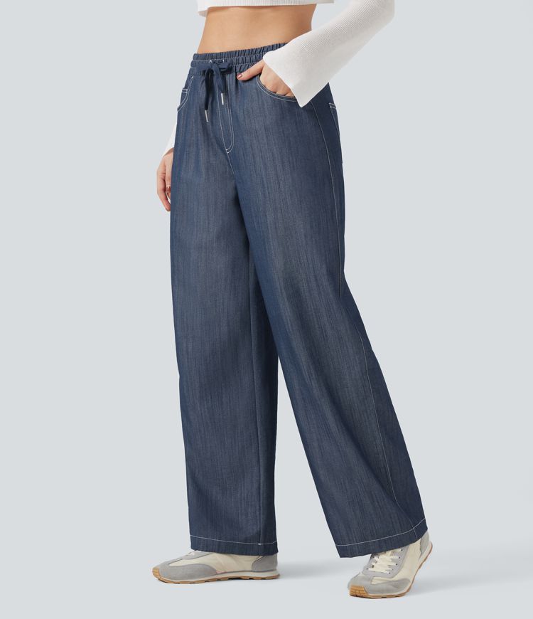 Wrinkle-Resistant High Waisted Drawstring Wide Leg Denim Like Casual Linen-Feel Trousers with Pockets