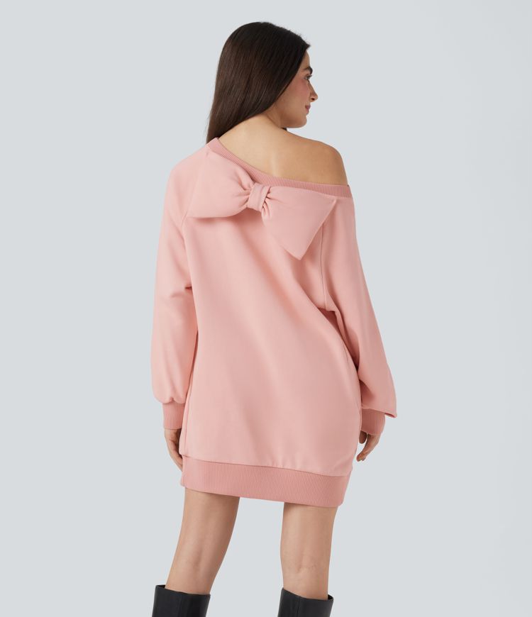 Sweat-shirt coton col bateau nœud manches longues avec poches