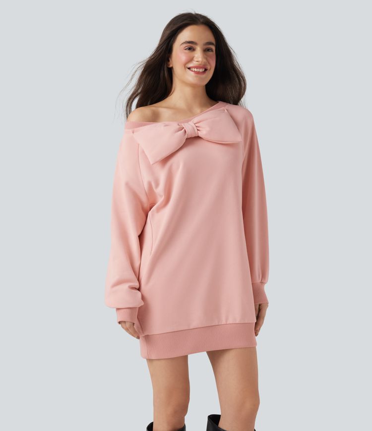 Sweat-shirt coton col bateau nœud manches longues avec poches