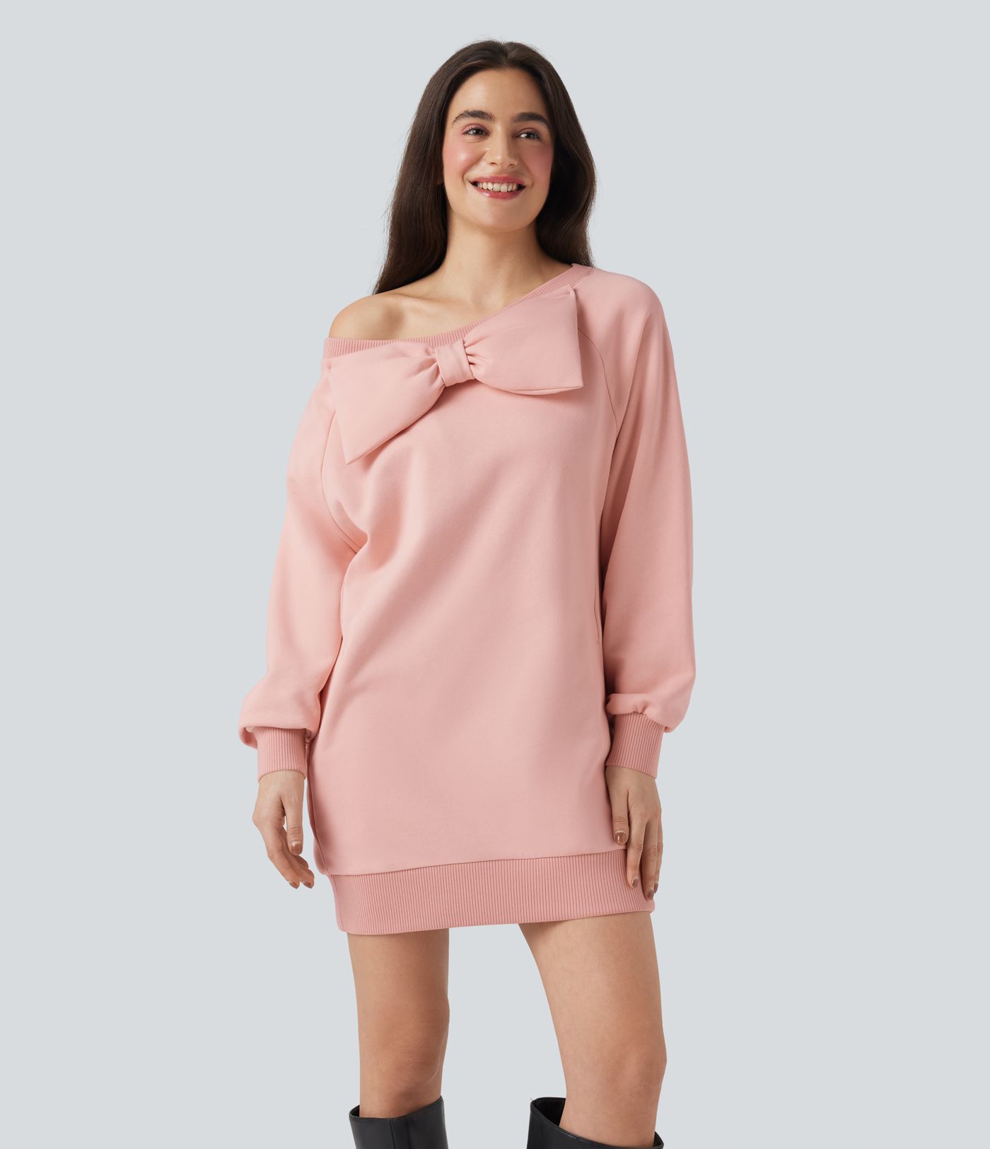 Sweat-shirt coton col bateau nœud manches longues avec poches