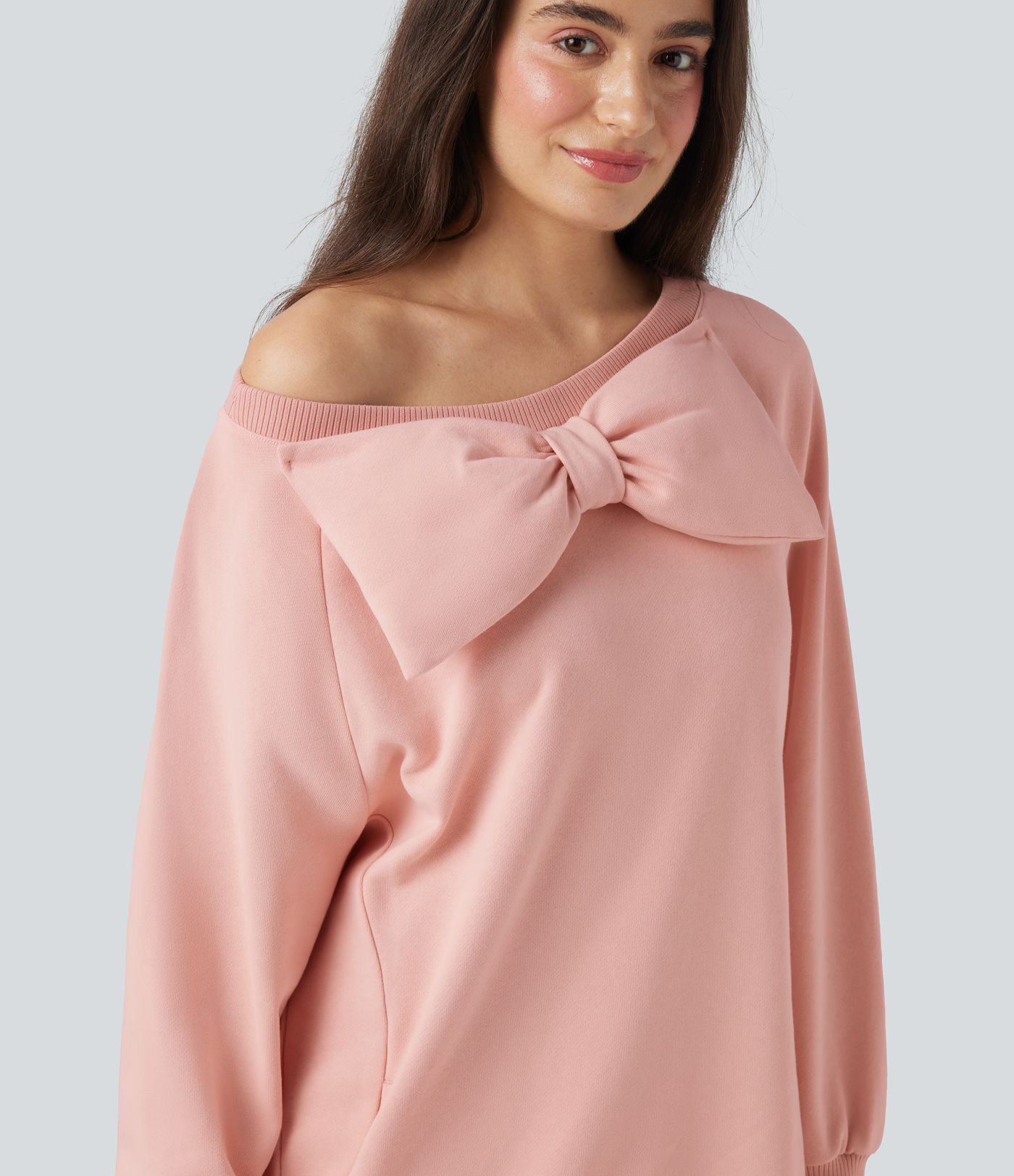 Sweat-shirt coton col bateau nœud manches longues avec poches