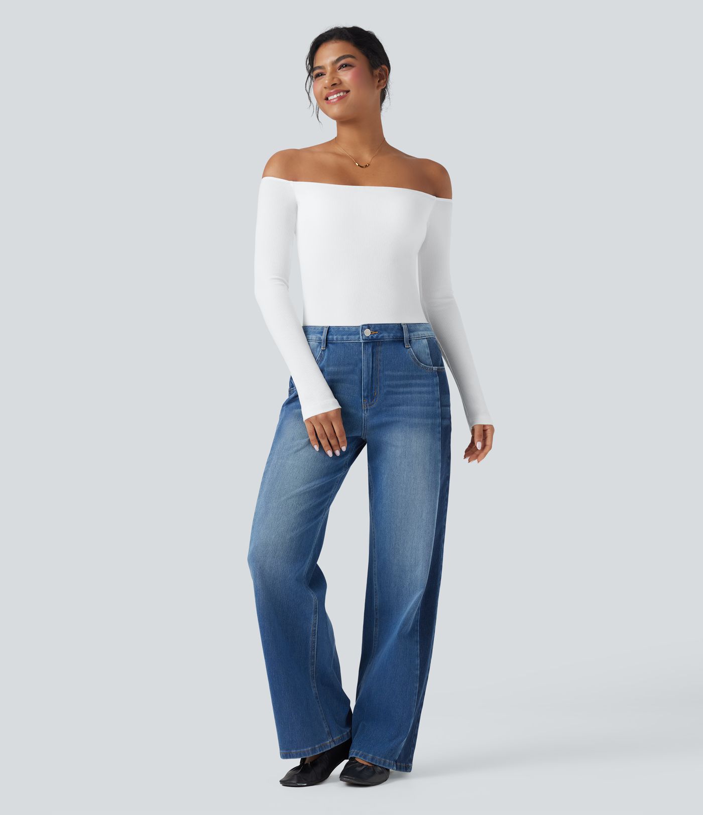 Ribbed Knit Off Shoulder Long Sleeve 2-in-1 Casual Top
