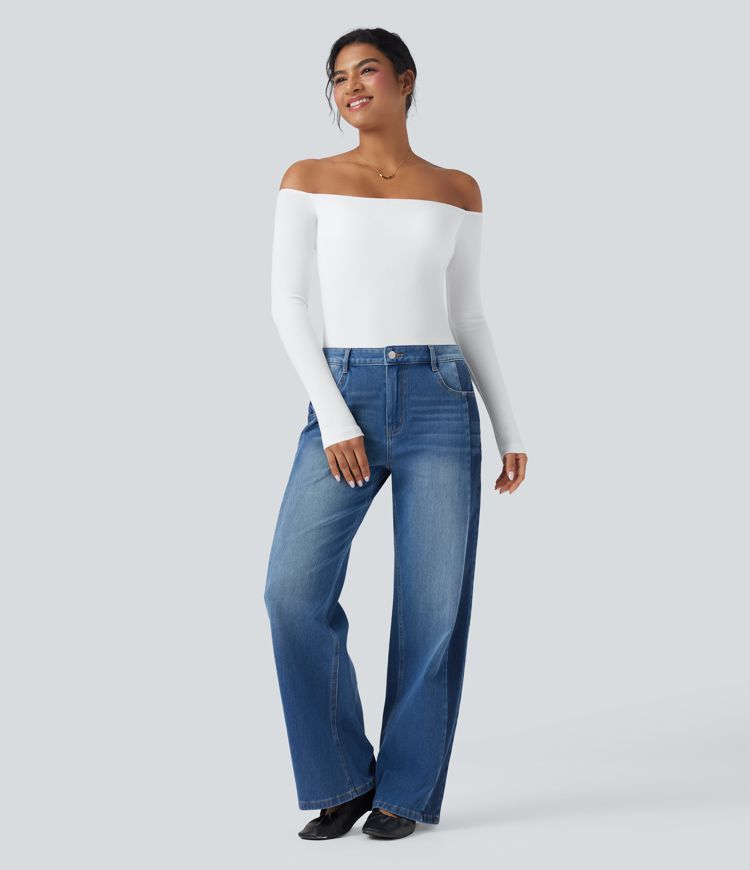 Ribbed Knit Off Shoulder Long Sleeve 2-in-1 Casual Top