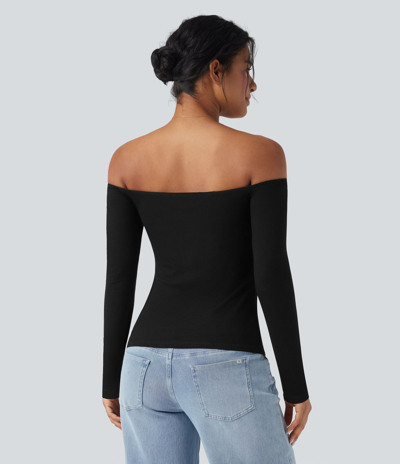 Haut décontracté 2-en-1 maille côtelée épaules dénudées manches longues