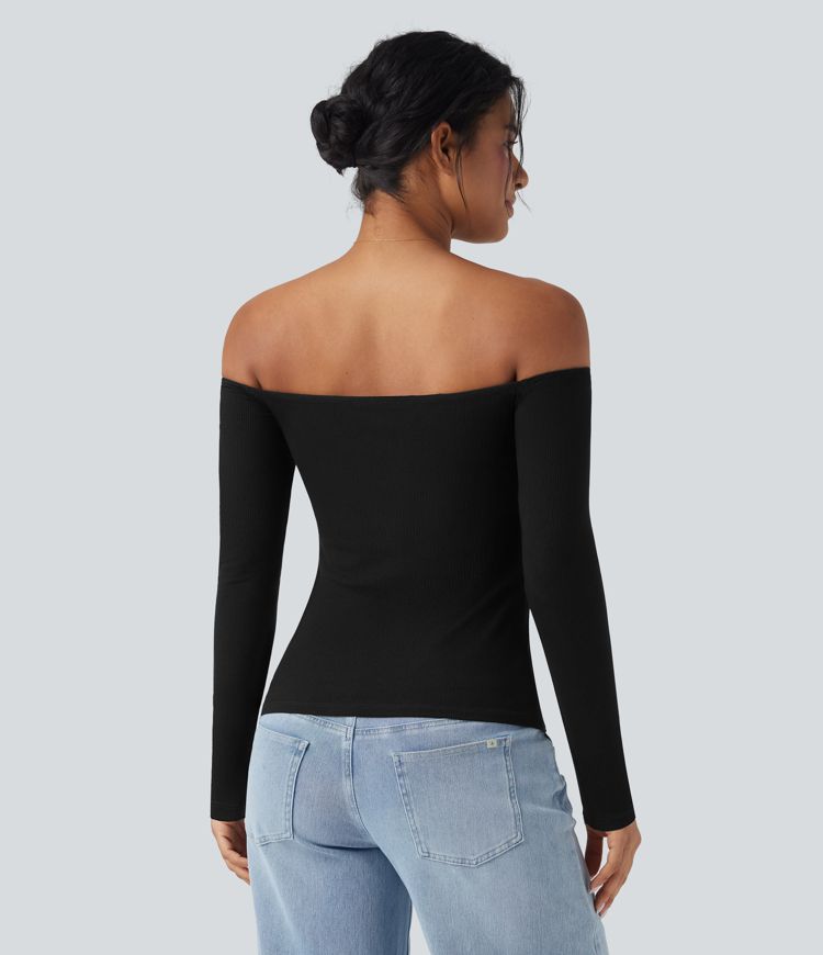 Haut décontracté 2-en-1 maille côtelée épaules dénudées manches longues