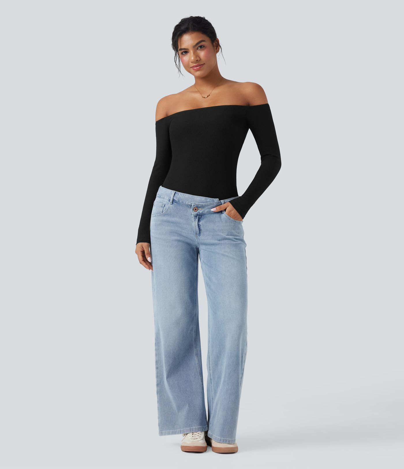 Haut décontracté 2-en-1 maille côtelée épaules dénudées manches longues