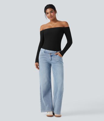 Haut décontracté 2-en-1 maille côtelée épaules dénudées manches longues