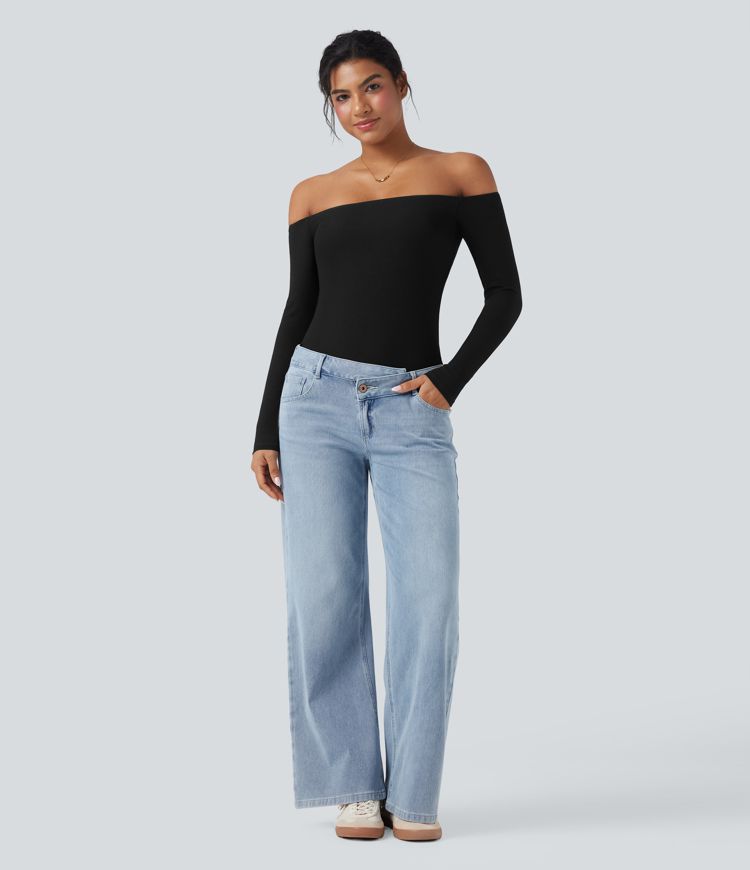 Haut décontracté 2-en-1 maille côtelée épaules dénudées manches longues