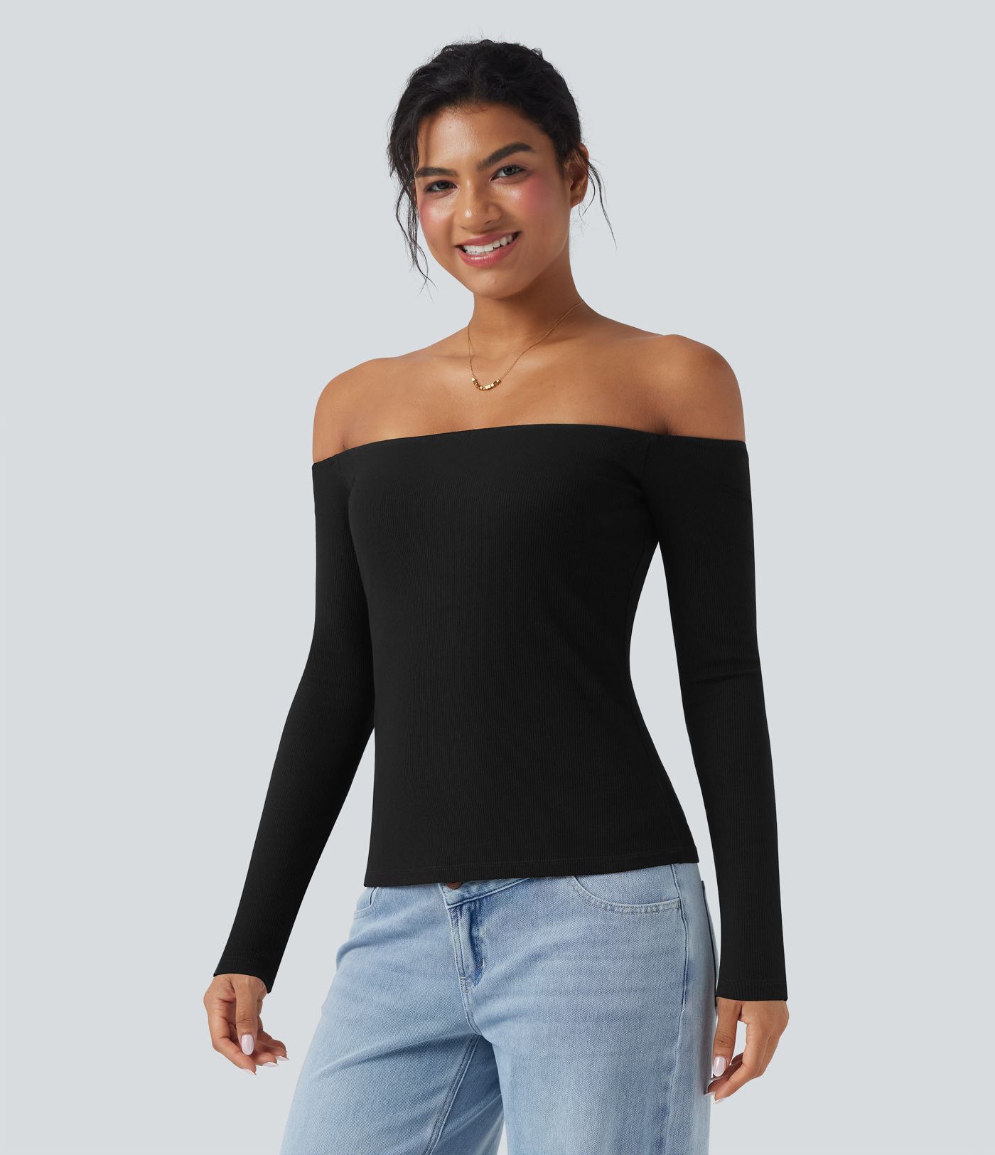 Haut décontracté 2-en-1 maille côtelée épaules dénudées manches longues