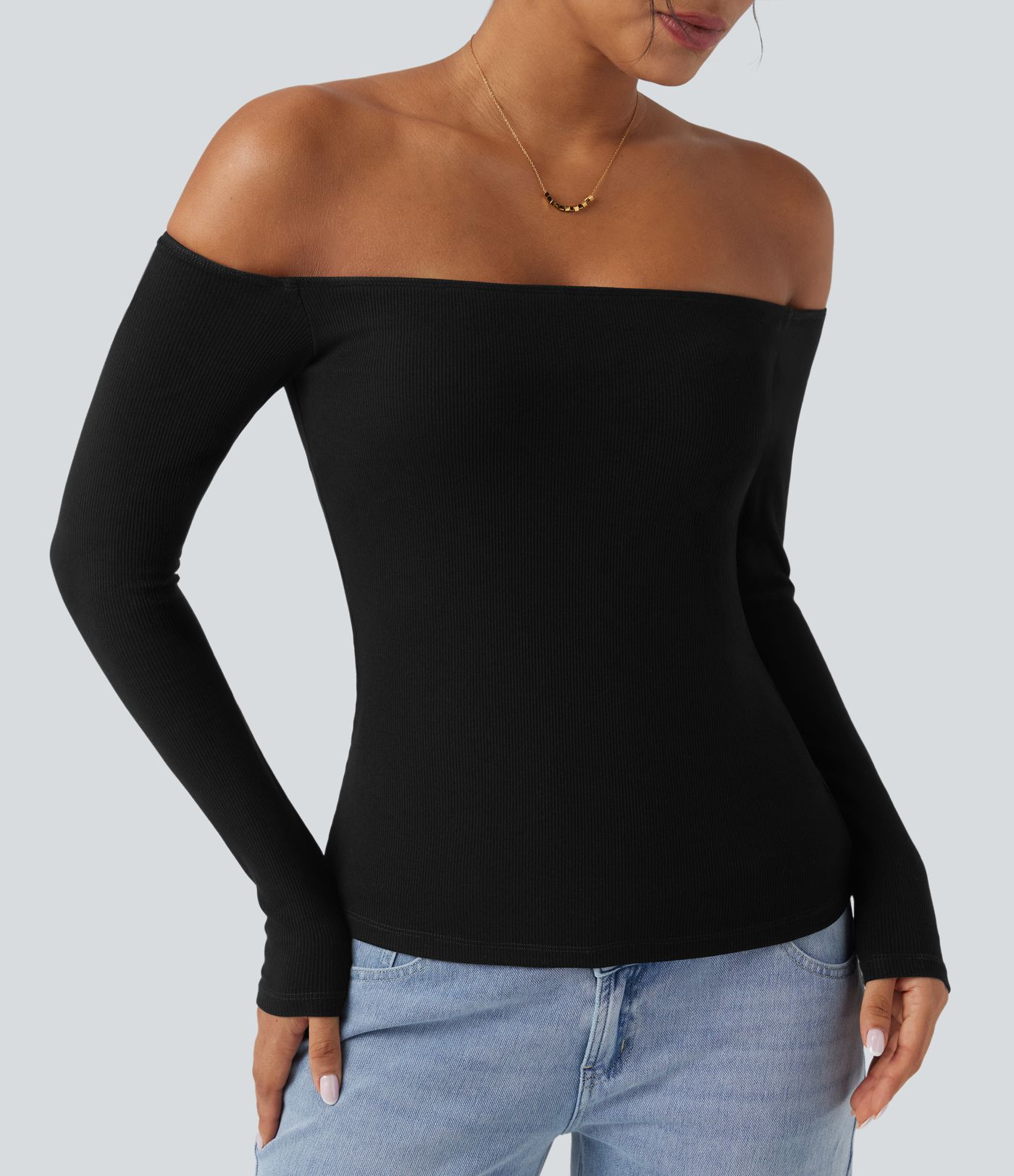 Haut décontracté 2-en-1 maille côtelée épaules dénudées manches longues