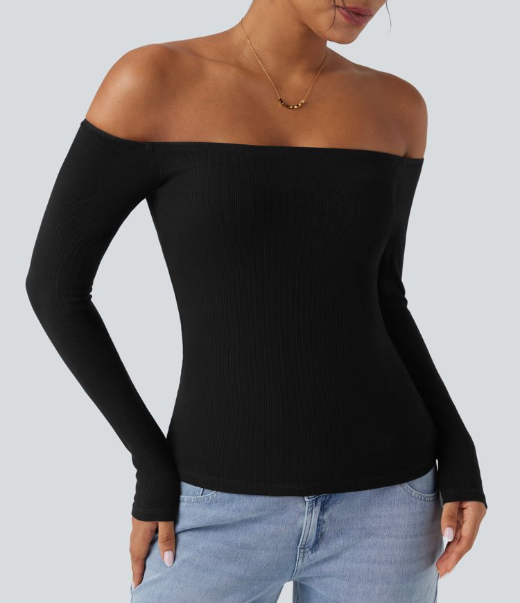 Haut décontracté 2-en-1 maille côtelée épaules dénudées manches longues