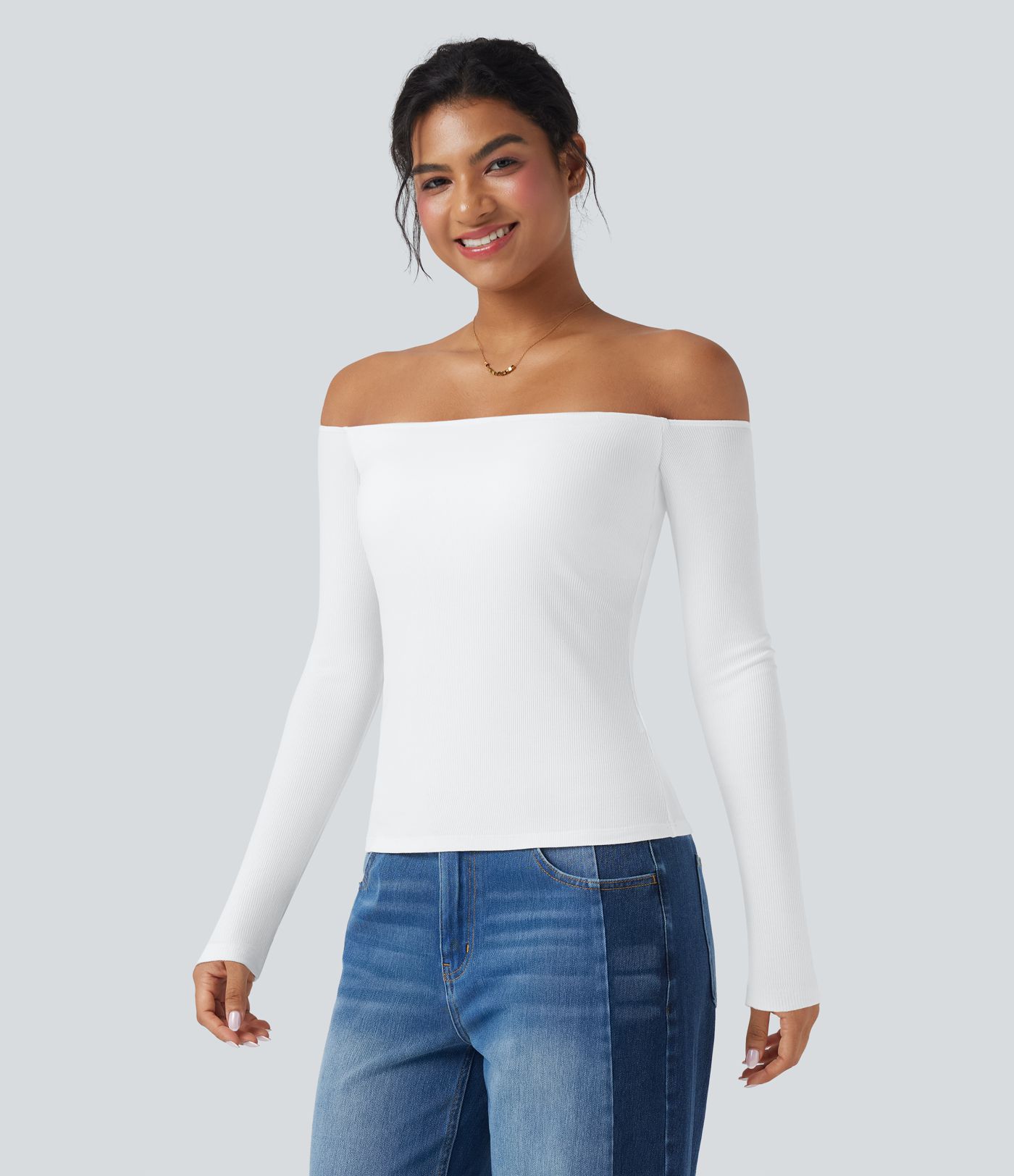 Ribbed Knit Off Shoulder Long Sleeve 2-in-1 Casual Top