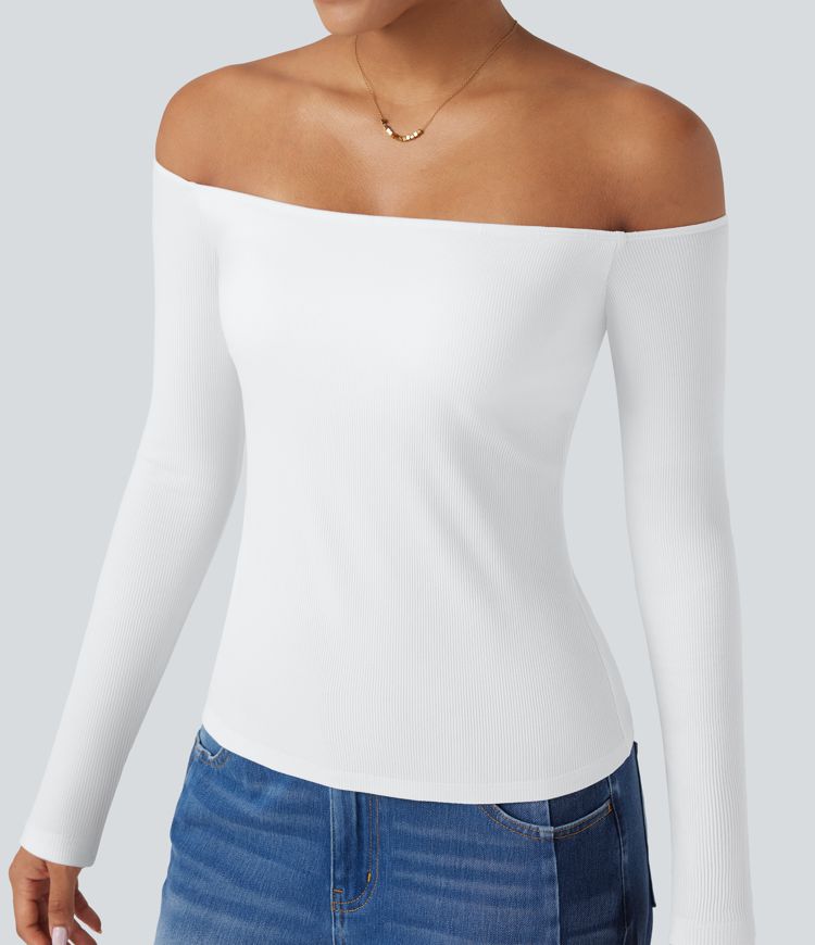 Ribbed Knit Off Shoulder Long Sleeve 2-in-1 Casual Top