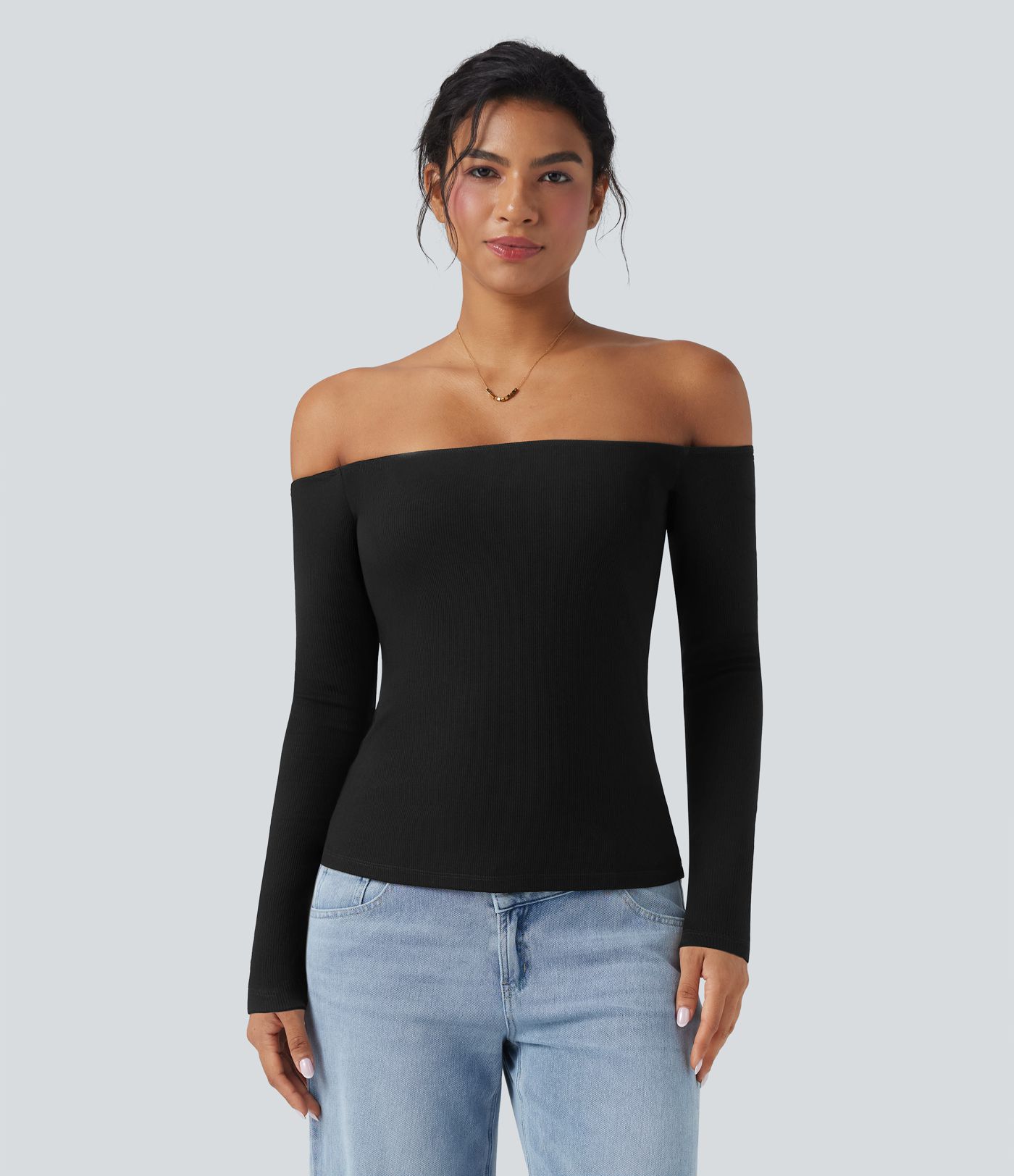 Haut décontracté 2-en-1 maille côtelée épaules dénudées manches longues