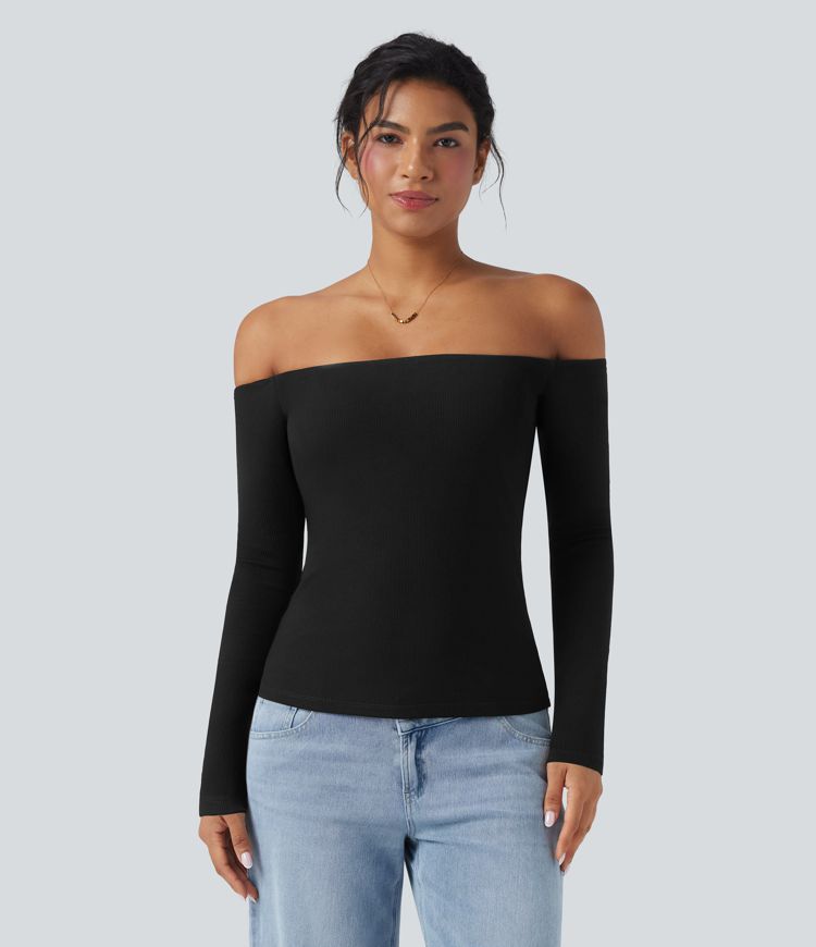 Haut décontracté 2-en-1 maille côtelée épaules dénudées manches longues