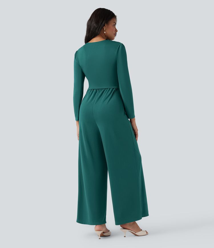 V Neck Long Sleeve Ruched Jumpsuit with Pockets-Easy Peezy Edition