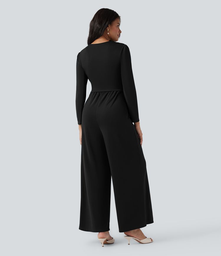 V Neck Long Sleeve Ruched Jumpsuit with Pockets-Easy Peezy Edition